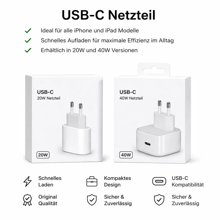 Original Apple 20W & 40W USB-C Schnellladegerät mit Ladekabel für iPhone 17/16/15/14/13/12
