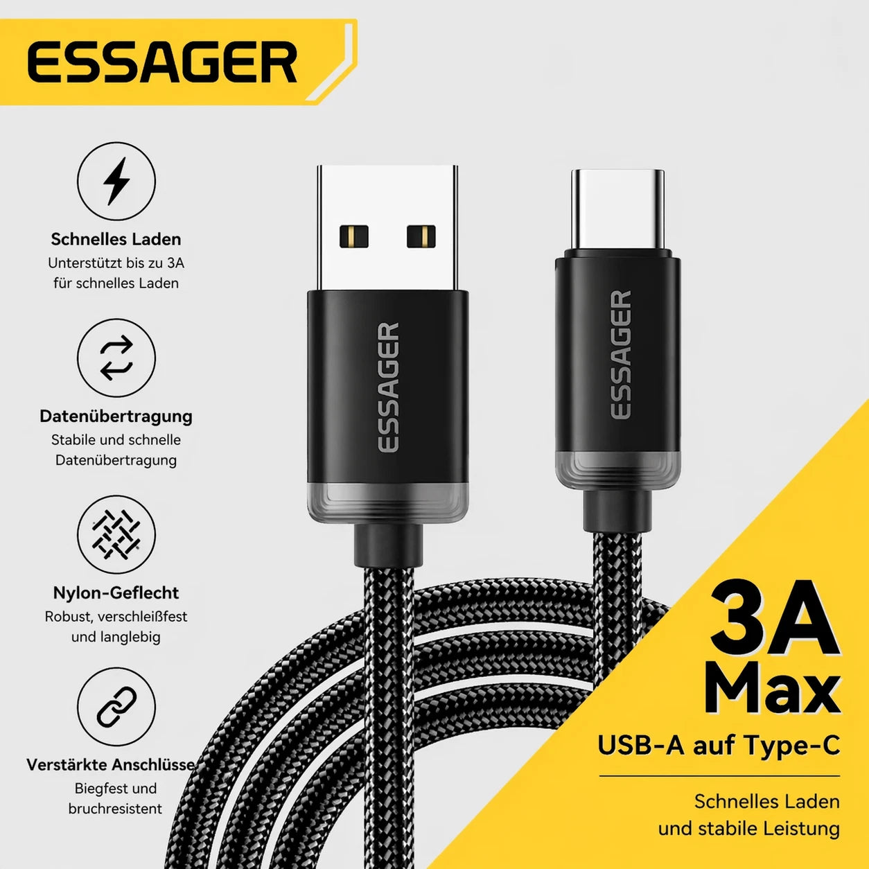 USB A auf USB C Ladekabel Schnell Ladekabel Datenkabel für iPhone Samsung Xiaomi